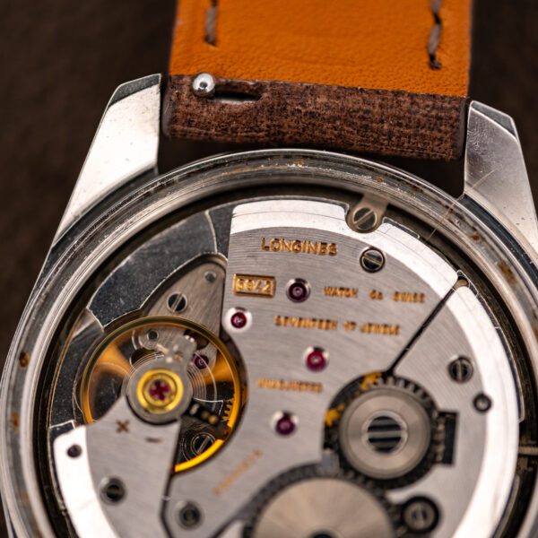 Close view of the Longines 6942 movement engraving in the Admiral HF, caliber number boxed on the bridge