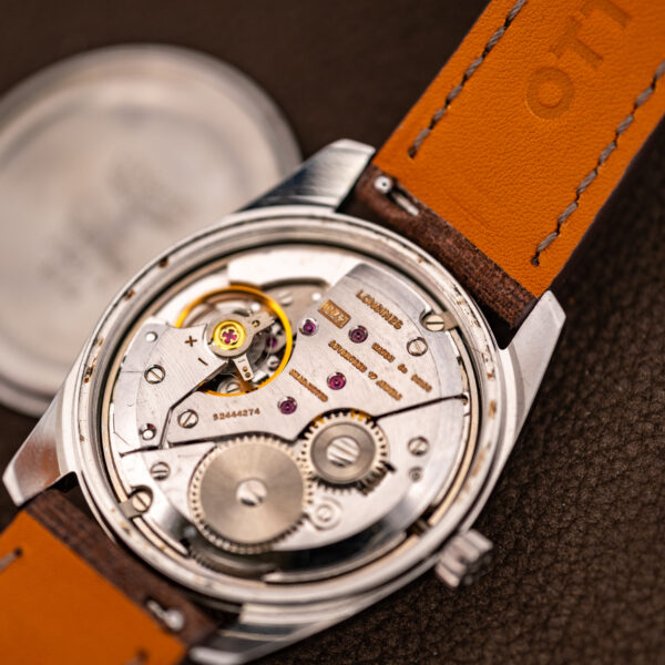 Opened Longines Admiral HF showing the hand-wound 6942 movement, its serial number and winding wheels