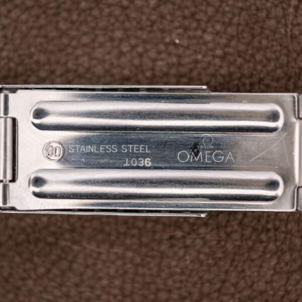 Inner clasp of the Omega bracelet stamped Omega, STAINLESS STEEL, 1036 and a circled 30