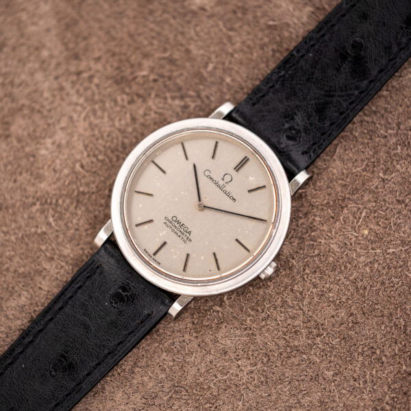 Omega Constellation 157.0001 ultra-thin chronometer on a black ostrich strap, both strap sections extended