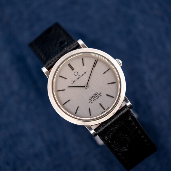 Another stand view of the Omega Constellation 157.0001, baton markers and two hands on a silver dial