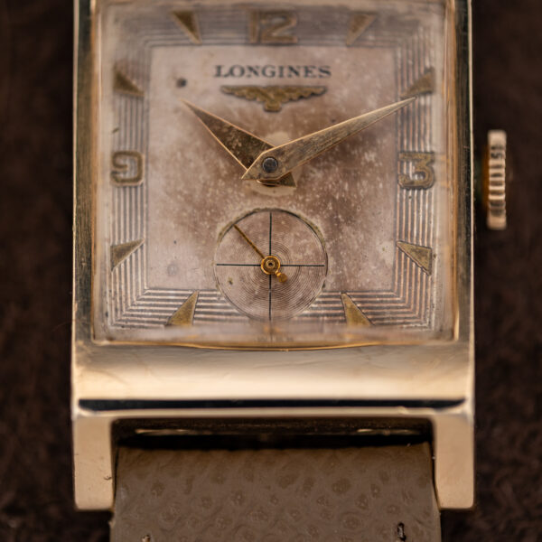 Lower dial of the Longines Art Deco tank showing crosshair small seconds inside the stepped rectangular border