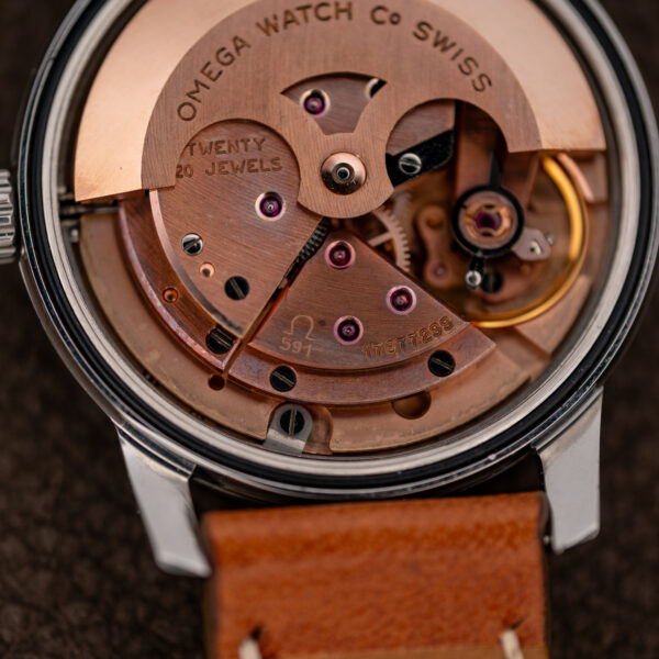 Macro of the Omega caliber 591 automatic movement with caliber number and serial 17877299
