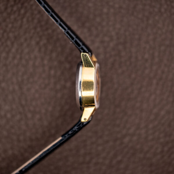 Opposite profile of the gold-tone Omega 511.166 case flank with drilled lugs